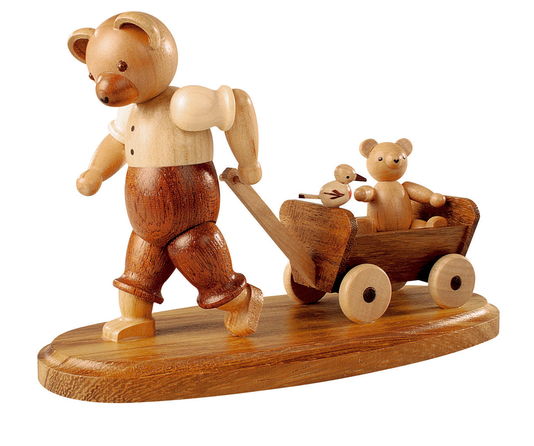 Bear, male with child on wooden handcart